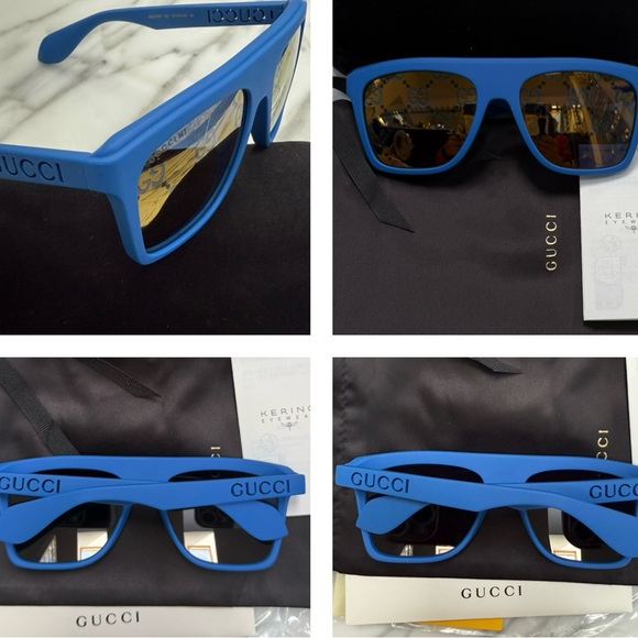GUCCI MATTE BLUE GREY MIRRORED “GG” MONOGRAM SQUARE SUNGLASSES - Picture 12 of 16